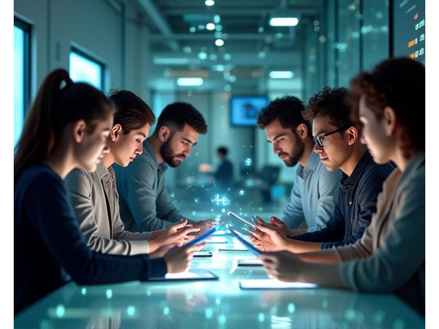 Team arbeitet an mobiler App mit KI-Schnittstelle